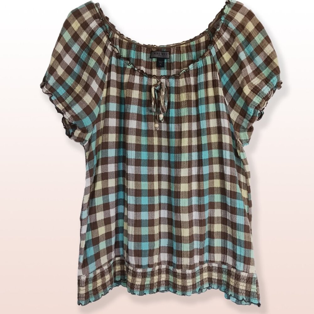 Nine West Cotton Plaid Peasant Blouse Size XL
